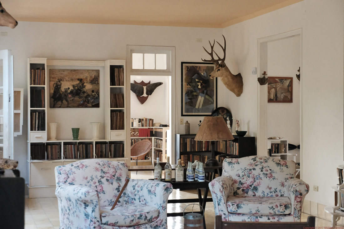 Hemingway's Living Room: Books, Trophies, Drink Tray