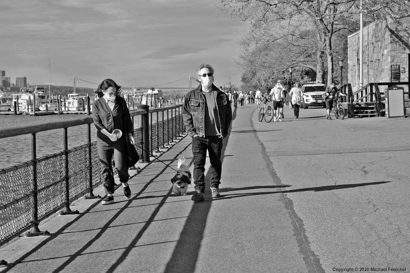 [Walking with Dog and Masks - Riverside NYC - BW]